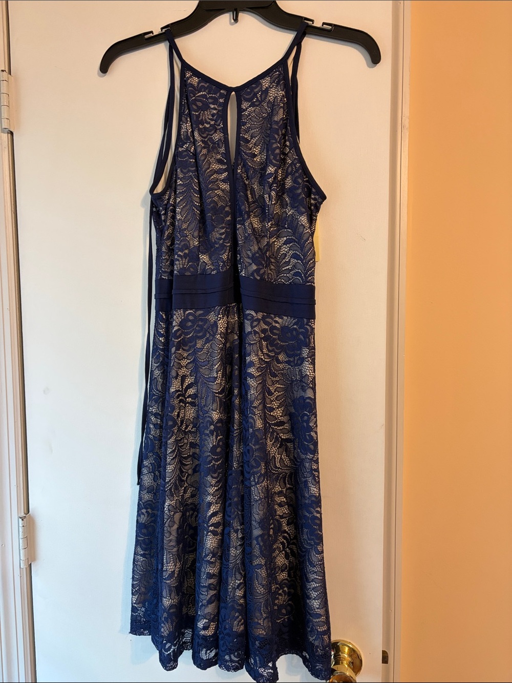 Navy Lace Midi Dress with Waistband